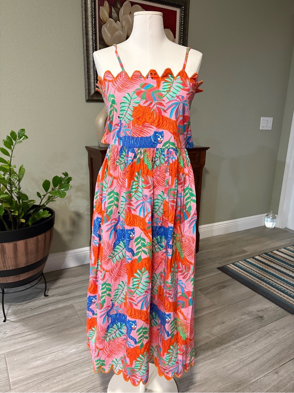 Tropical Print Pink Midi Dress with Scallop Trim